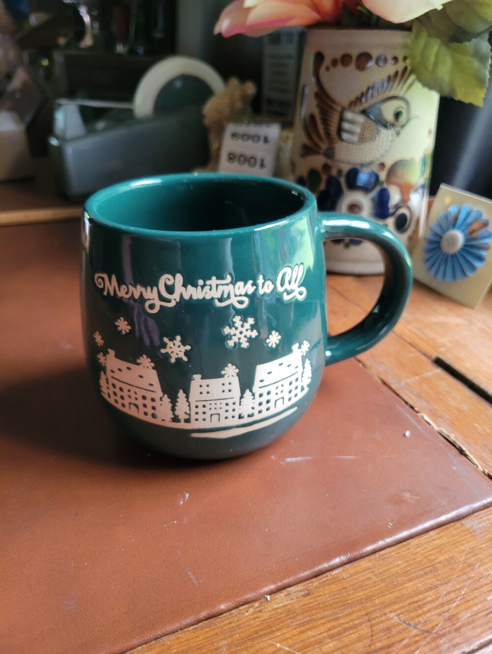 Green Ceramic Christmas Mug 16oz Merry Christmas to All Holiday Scene